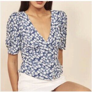 REFORMATION Madeline Raquel White Blue Ditzy Floral Button Down Top Peasant 10